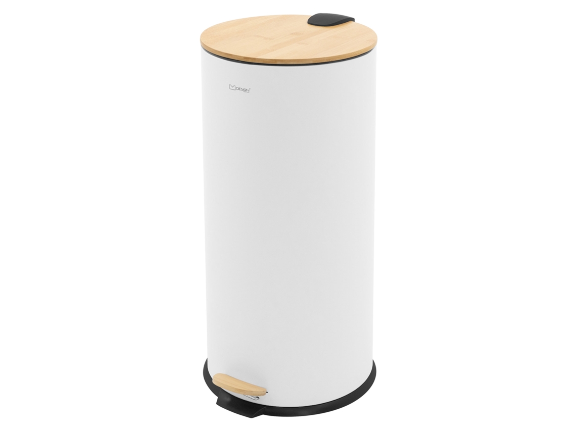 Cubo De Basura Con Pedal Ml-design 30l Redondo Acero Blanco Y Tapa De Bambú Cierre Suave