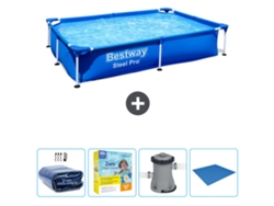 Piscina BESTWAY Rectangular Steel Pro - 221 x 150 x 43 cm - Azul - Incluida Vela solar - Paquete de mantenimiento - Bomba - Suelo