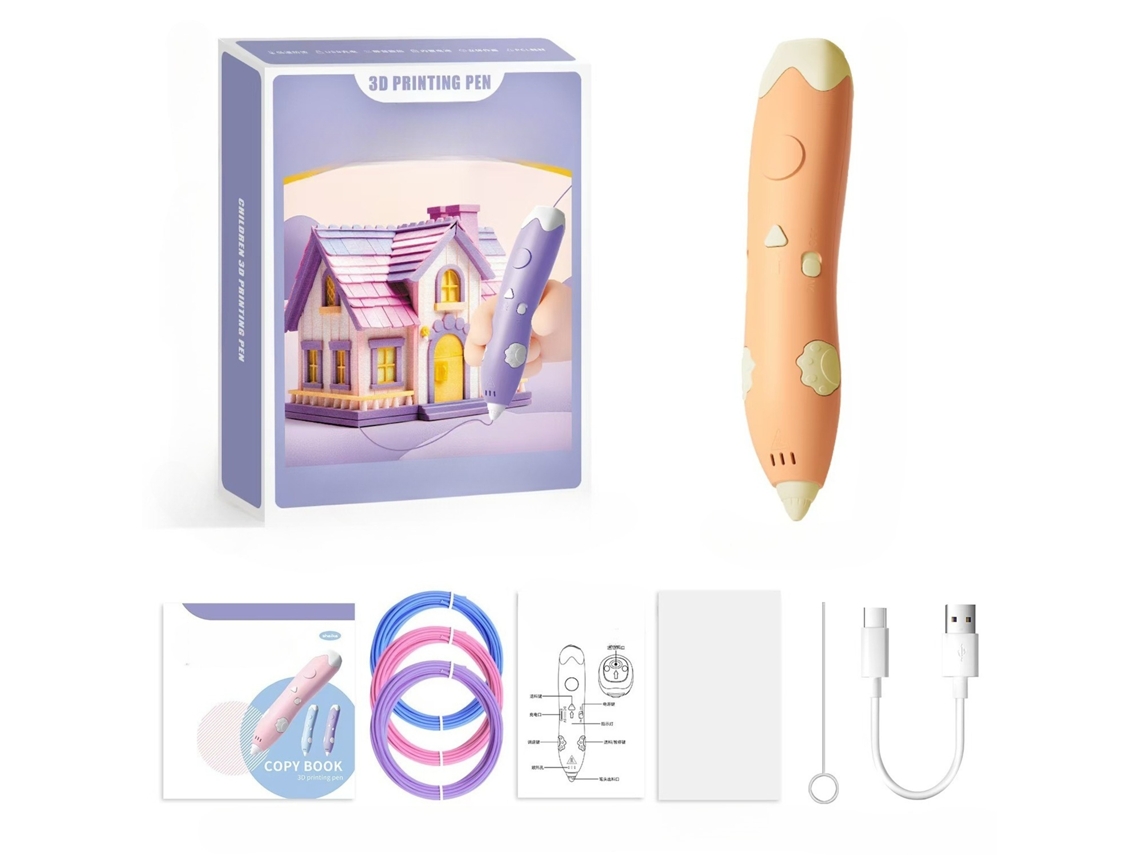 Lápiz de impresión 3D PANOONA para niños, recargable por USB, paquete de 3 rollos de filamento PLA naranja