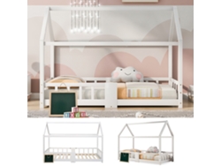 Cama Casinha Infantil 90x200 Cm, Lousa, Estrado Ripas, Grade Segurança, Pinho, Branca, Sem Colchão