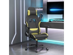 Silla gaming con reposapiés, tapizada en tela negra y verde claro.