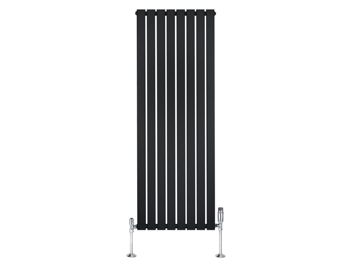 Radiador plano, columna simple, 1600x560 mm - Negro, acero al carbono de 1,5 mm, 1229 W, alta eficiencia, válvulas termostáticas
