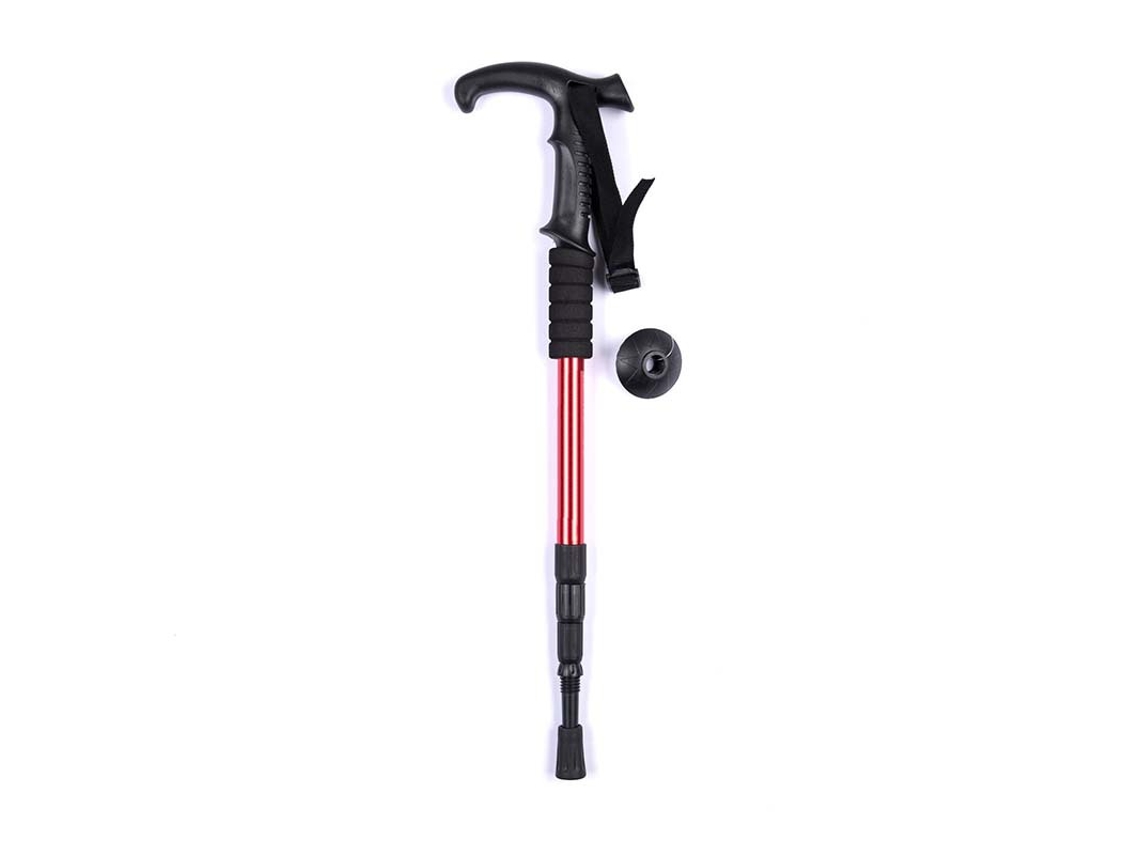 Bastón de trekking retráctil para viajes al aire libre, bastón de trekking rojo con mango curvo - Cuatro secciones de 50 cm a 110 cm