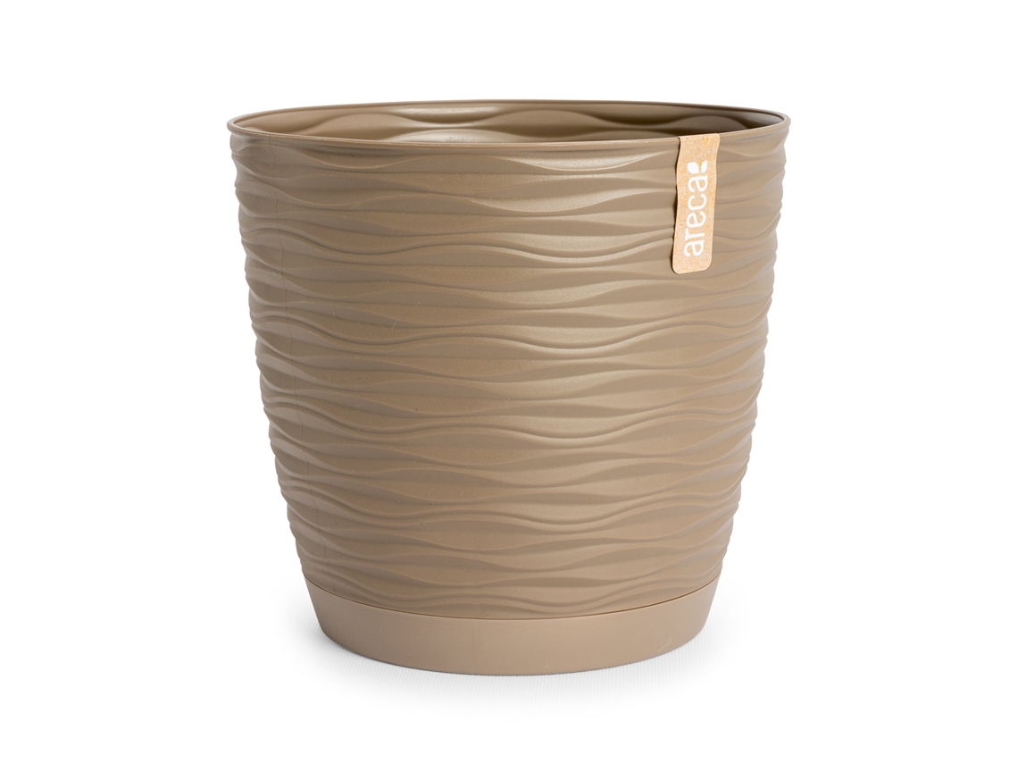 ARECA Wind - Maceta Decorativa Redonda 23 cm con Plato Integrado Taupe