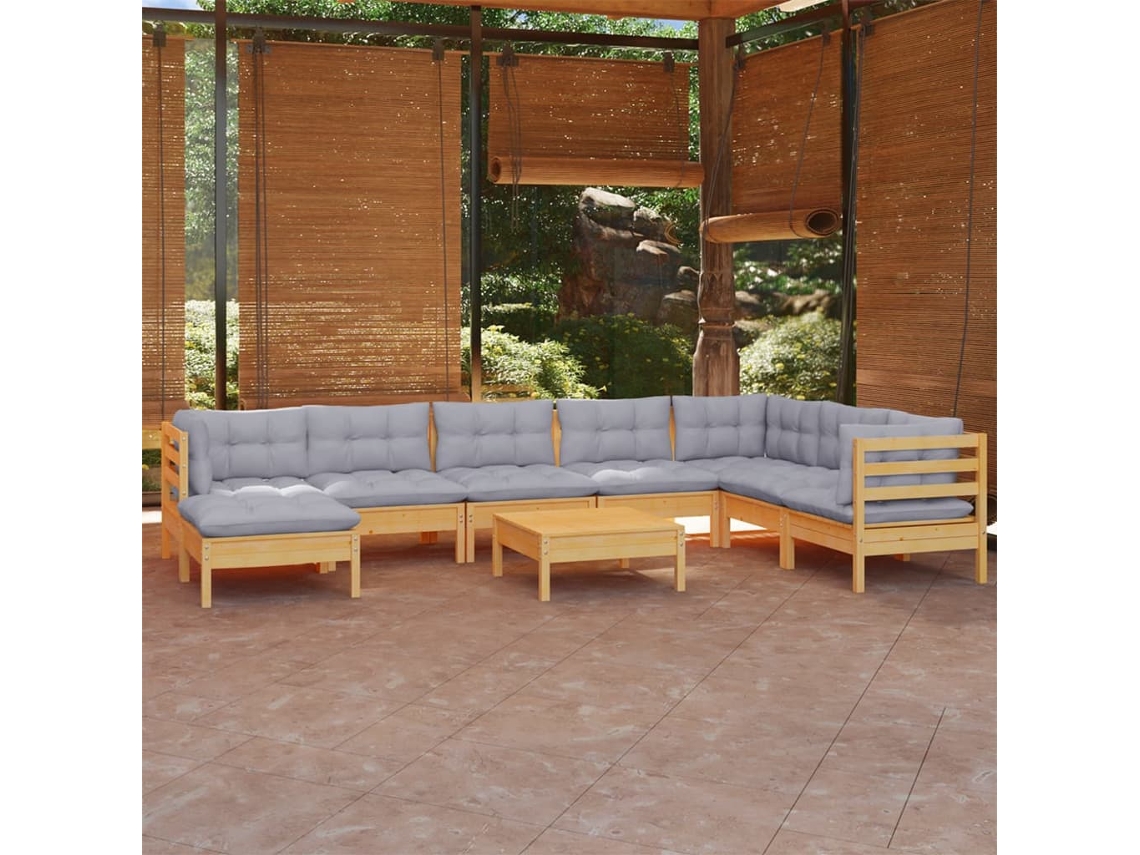 Conjunto de jardín de 9 piezas con cojines de pino macizo gris DKD Home Decor