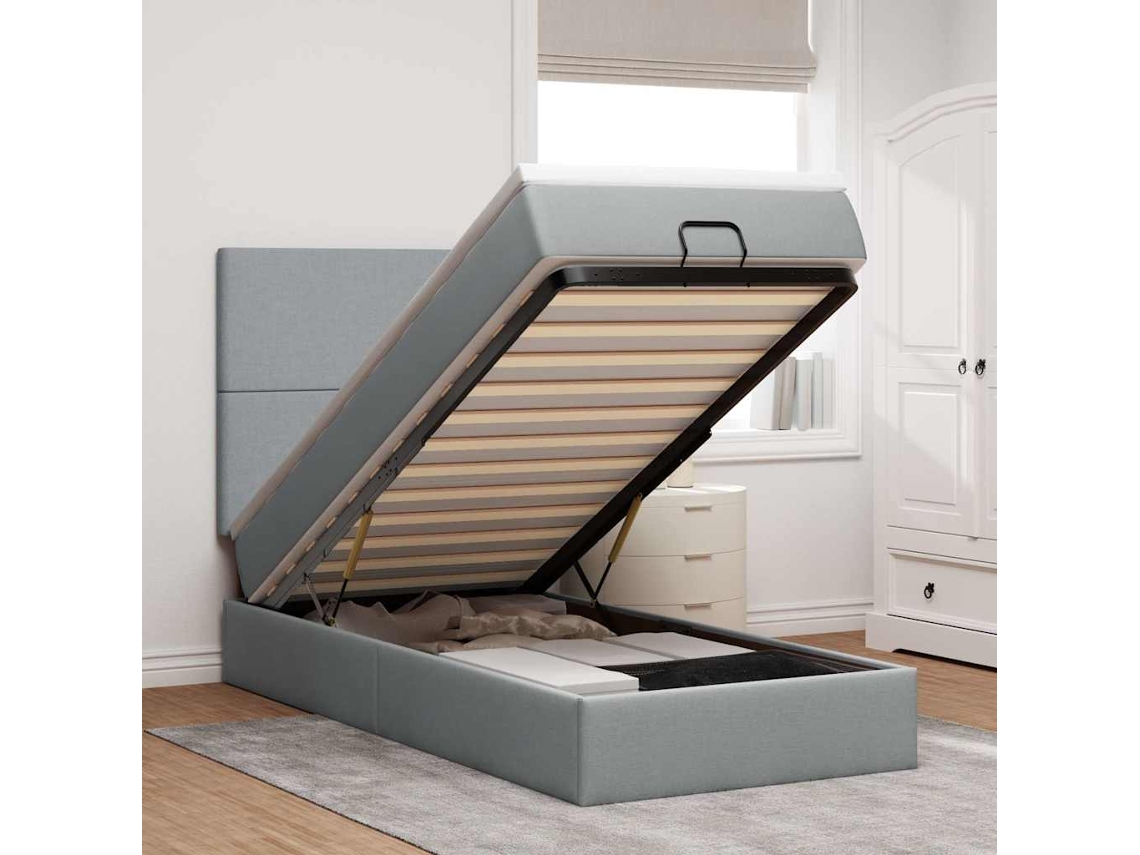 Cama Otomana Con Colchón Gris Claro 90x200 Cm Tela