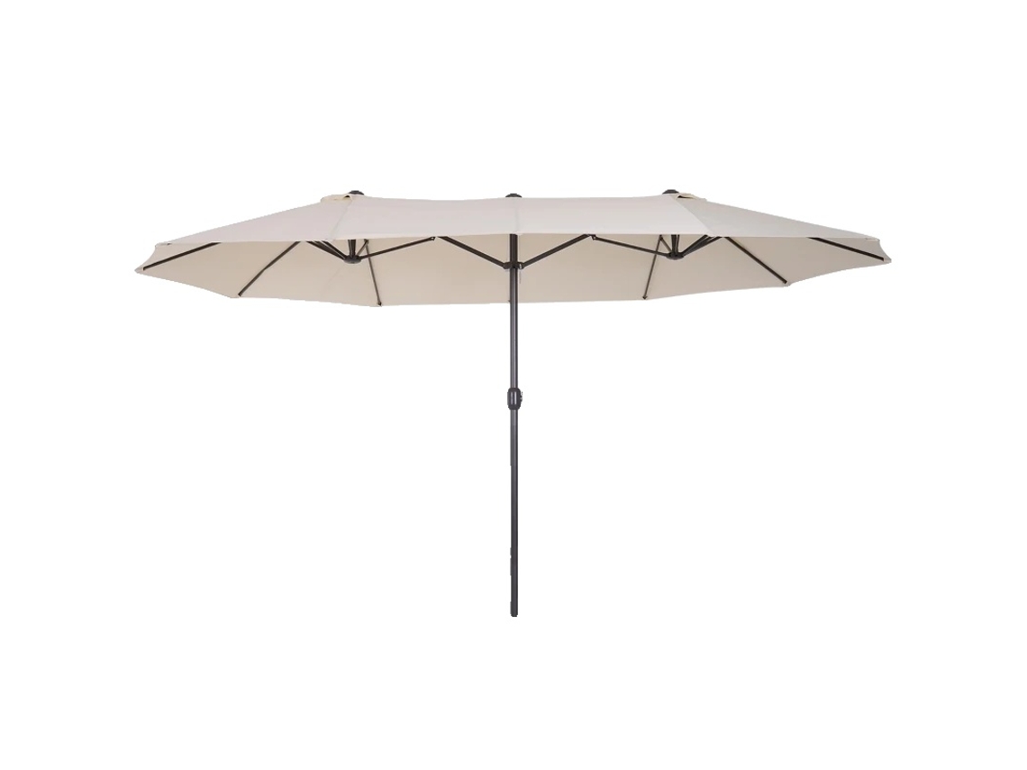 Sombrilla con mecanismo de manivela, estructura metálica resistente, color beige.