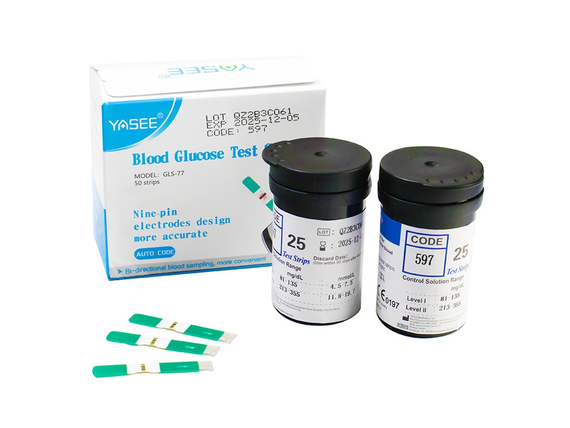 Tiras reactivas para glucosa GLS-77, compatibles con el medidor GLM-77, con codificación automática y alta precisión.