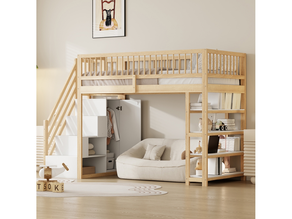Cama alta 90x200 cm en madera maciza con barandilla de seguridad, armario, estantes y almacenaje, escalera de seguridad, multifunción, color madera.