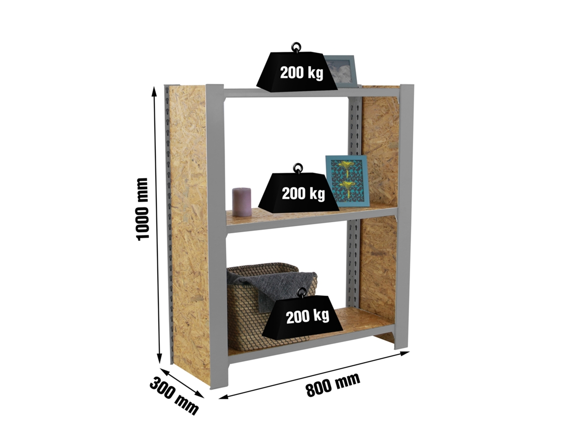 Estantería metálica Officlick 3/300 Wood 800 Gris/osb Tapas 1000