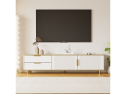 Elegante Mueble Para Tv, 2 Cajones, 2 Puertas Talladas, Tiradores Y Patas Dorados, Para Pantalla Grande, Blanco Y Dorado, 170x37x45 Cm