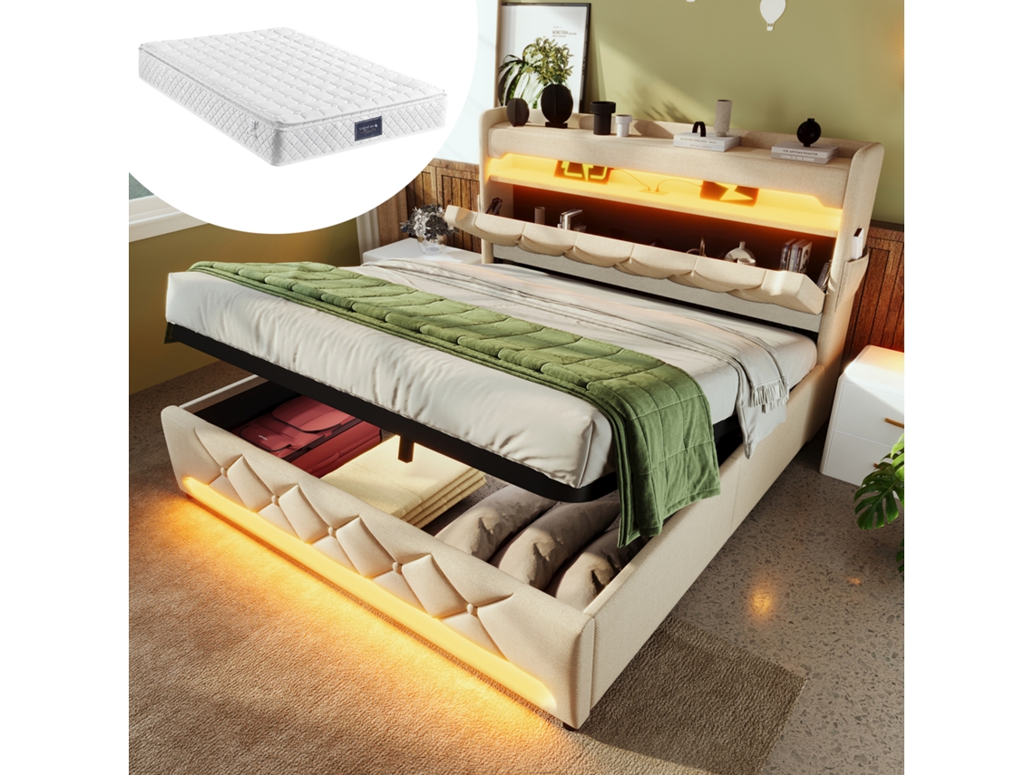 Cama Doble De 140x200 Cm, Hidráulica, Led, Usb-c, Lino Beige, Colchón Incluido.