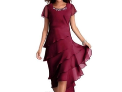 2026-vestido Elegante De Mujer Con Cuello O, Mangas Cortas, Decoración De Perlas Y Falda Capa Midi Para Fiesta Y Boda