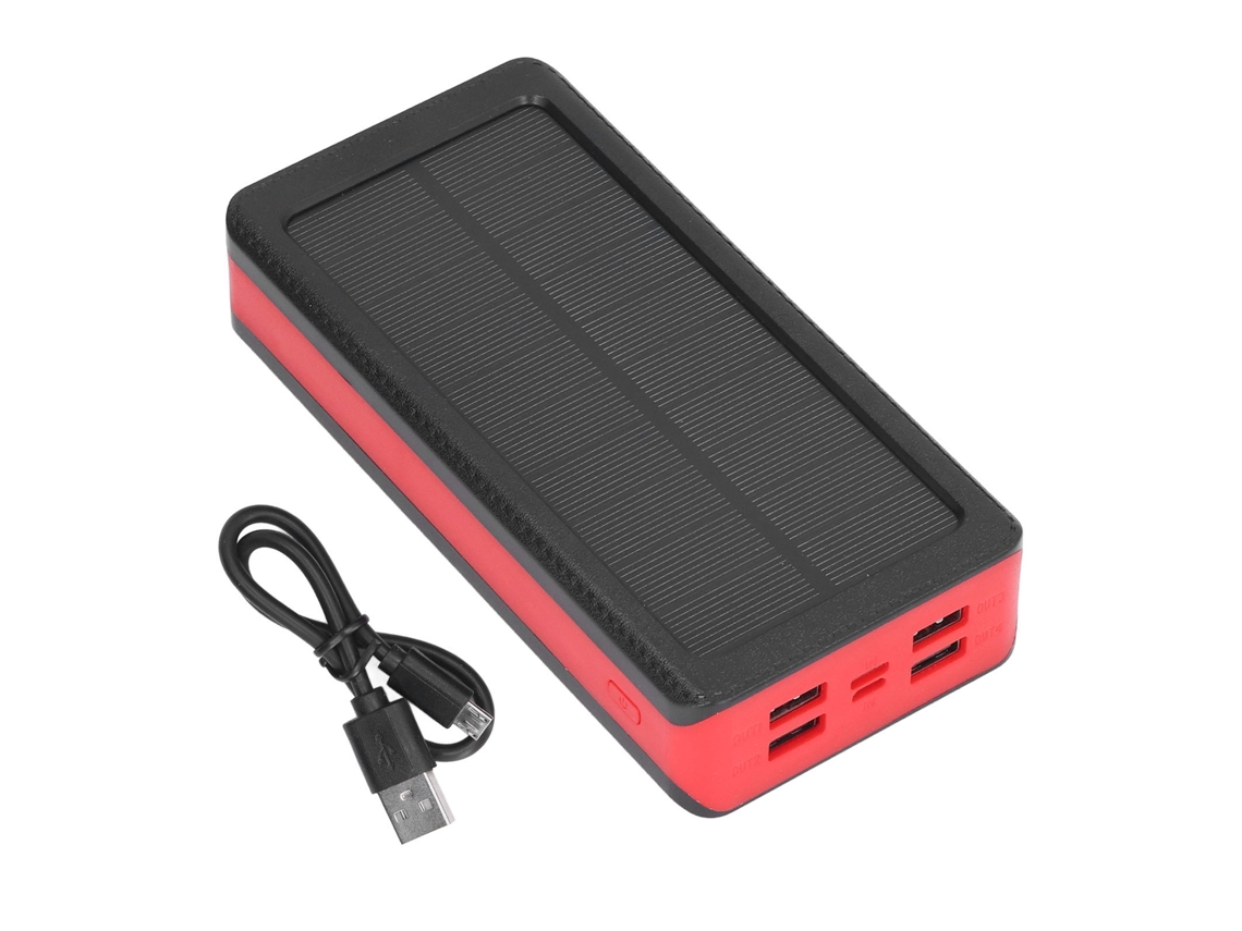 Cargador portátil solar LED de 30000 mAh, modelo 2026, con 4 puertos USB para carga rápida y 3 modos de iluminación para escalada (rojo).