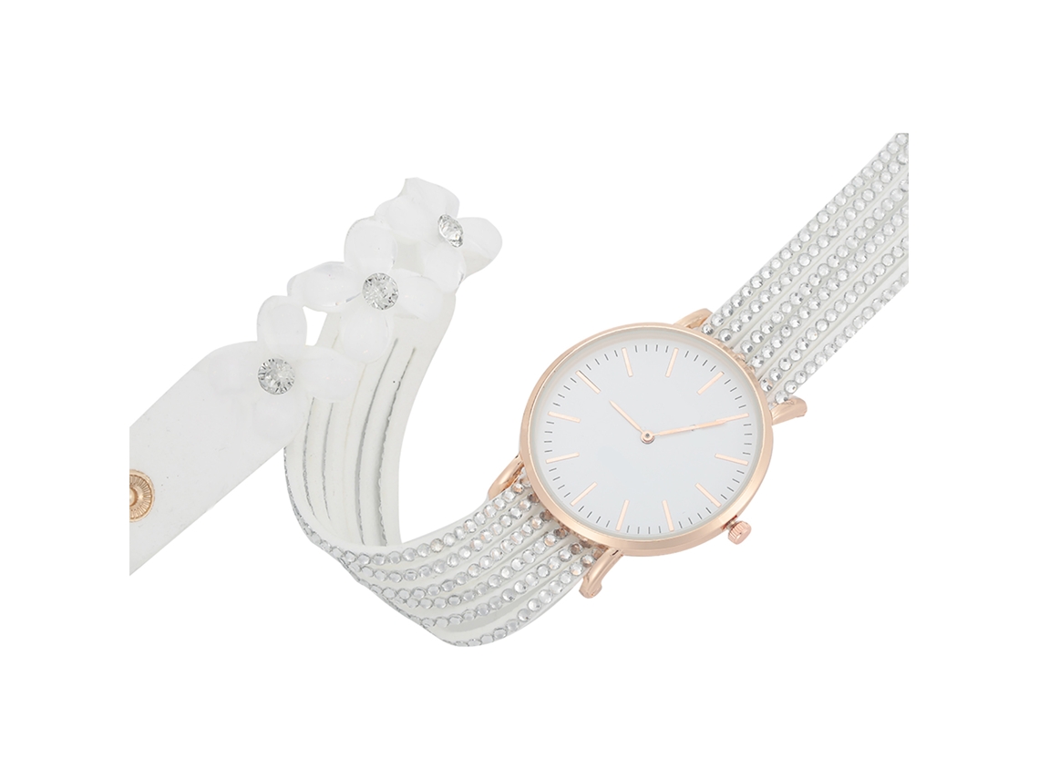 Reloj De Pulsera Analógico De Cuarzo Para Mujer Con Diamantes De Imitación Y Correa De Pu Blanca.