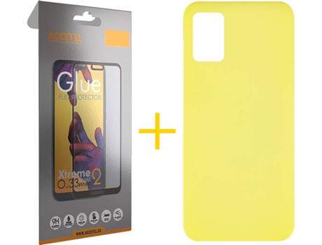 Funda y Protector de Vidrio Full Samsung Galaxy A31 ACCETEL Silicona Líquida Amarillo