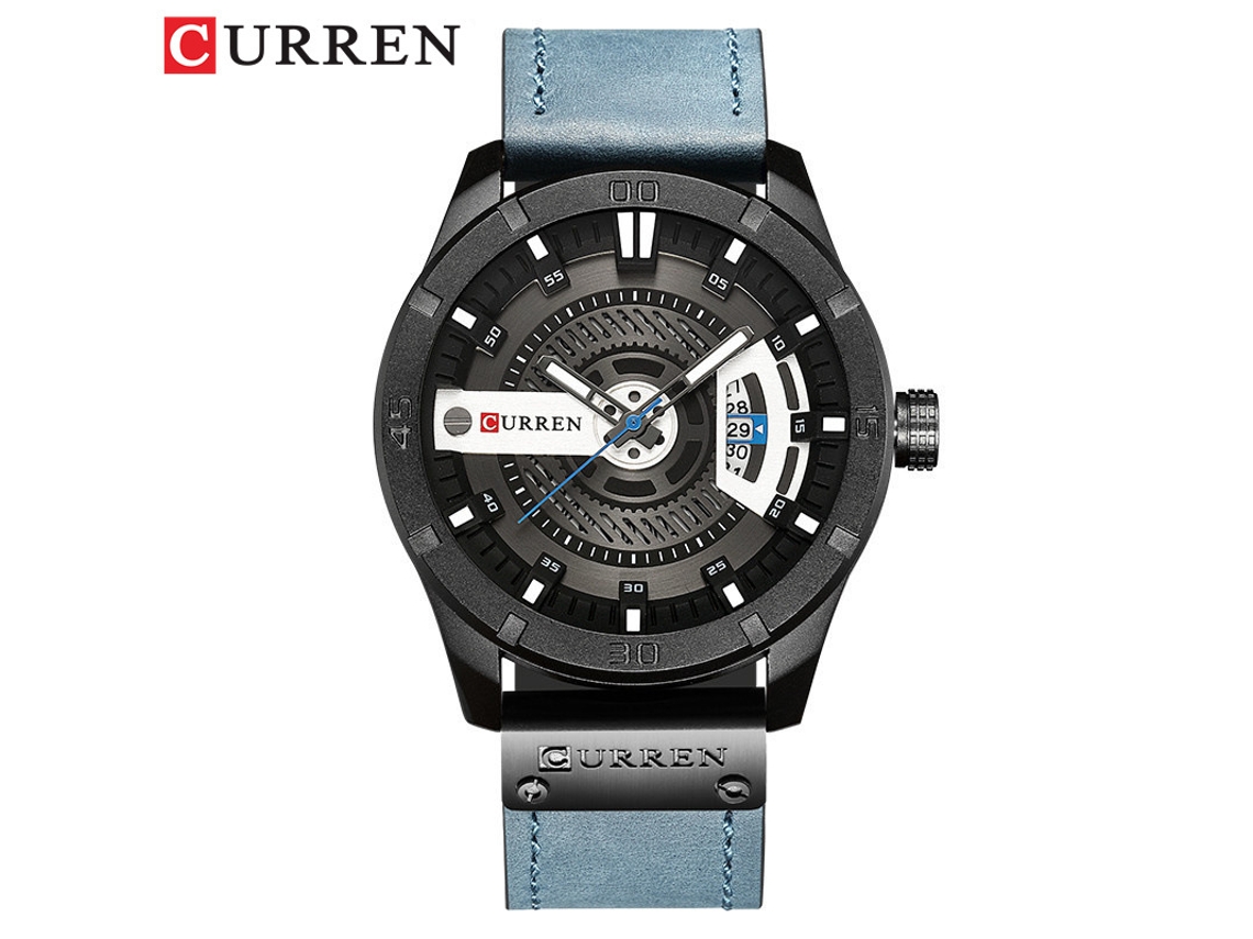 Relógio Masculino Com Pulseira De Couro (preto E Azul), À Prova D'água, Personalizado, De Quartzo, Com Calendário.