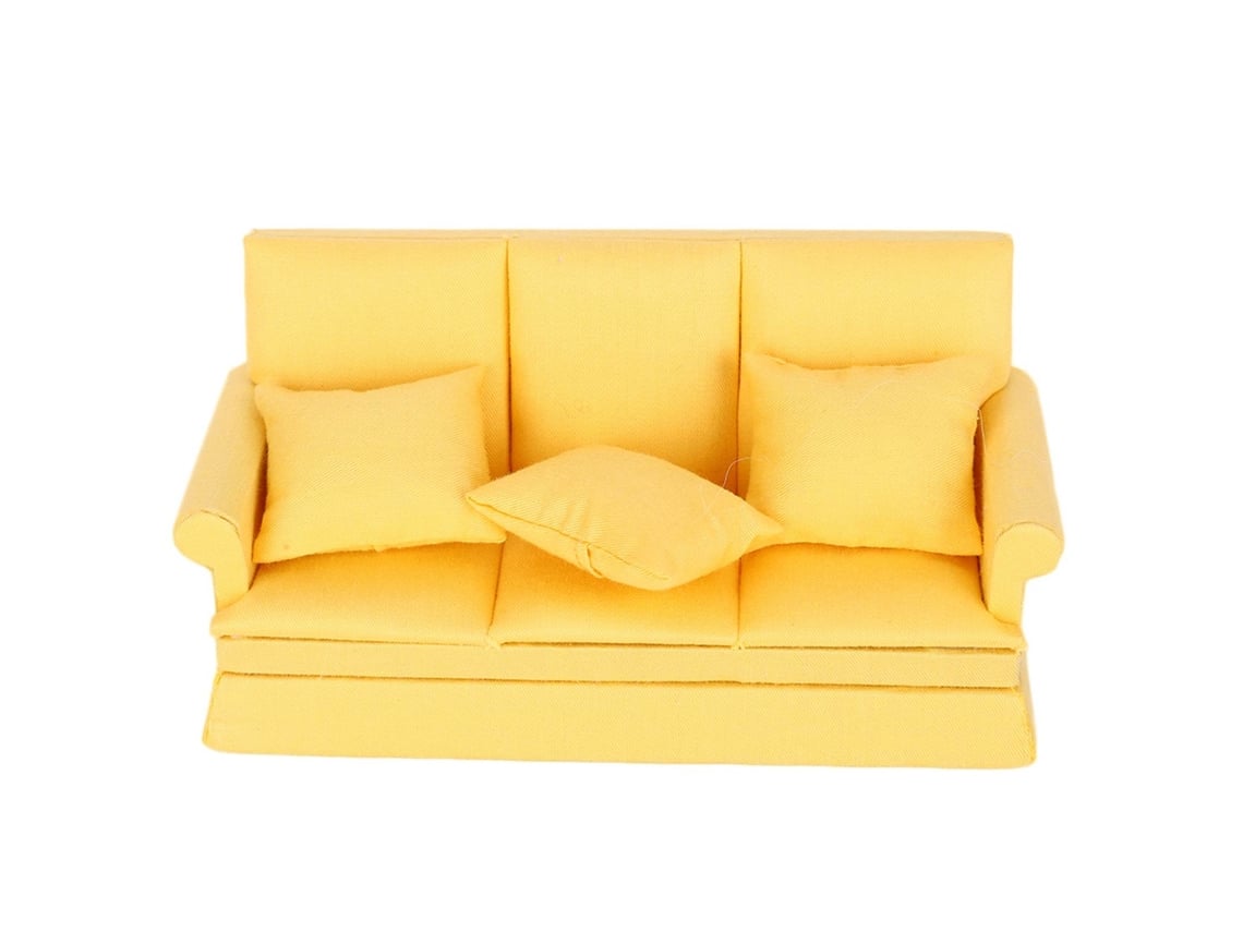 Bj-sofá Mini Para Casa De Boneca 1:12 Com 3 Almofadas Móvel De Sala De Estar Madeira Acessórios Decorativos Amarelo