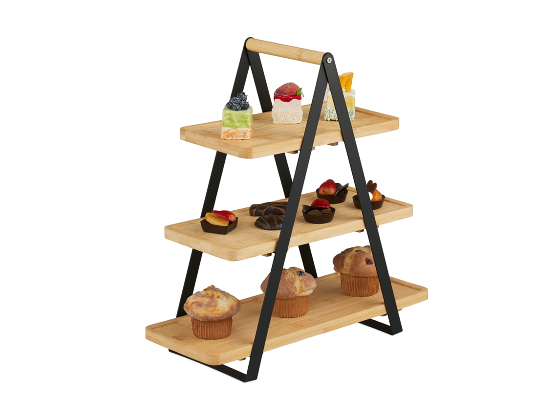 Relaxdays Soporte Tartas, 3 Pisos, Bambú, Metal, Bizcochos, Muffins, Fruta, 42x41x16,5 Cm, Para Servir, Natural/negro