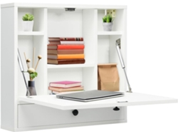 Mesa Plegable Pared, Estantes y Cajón, Escritorio Plegable Pared Oficina Cocina para Espacios Pequeños,Mesa Abatible de Pared (Blanco) COSTWAY