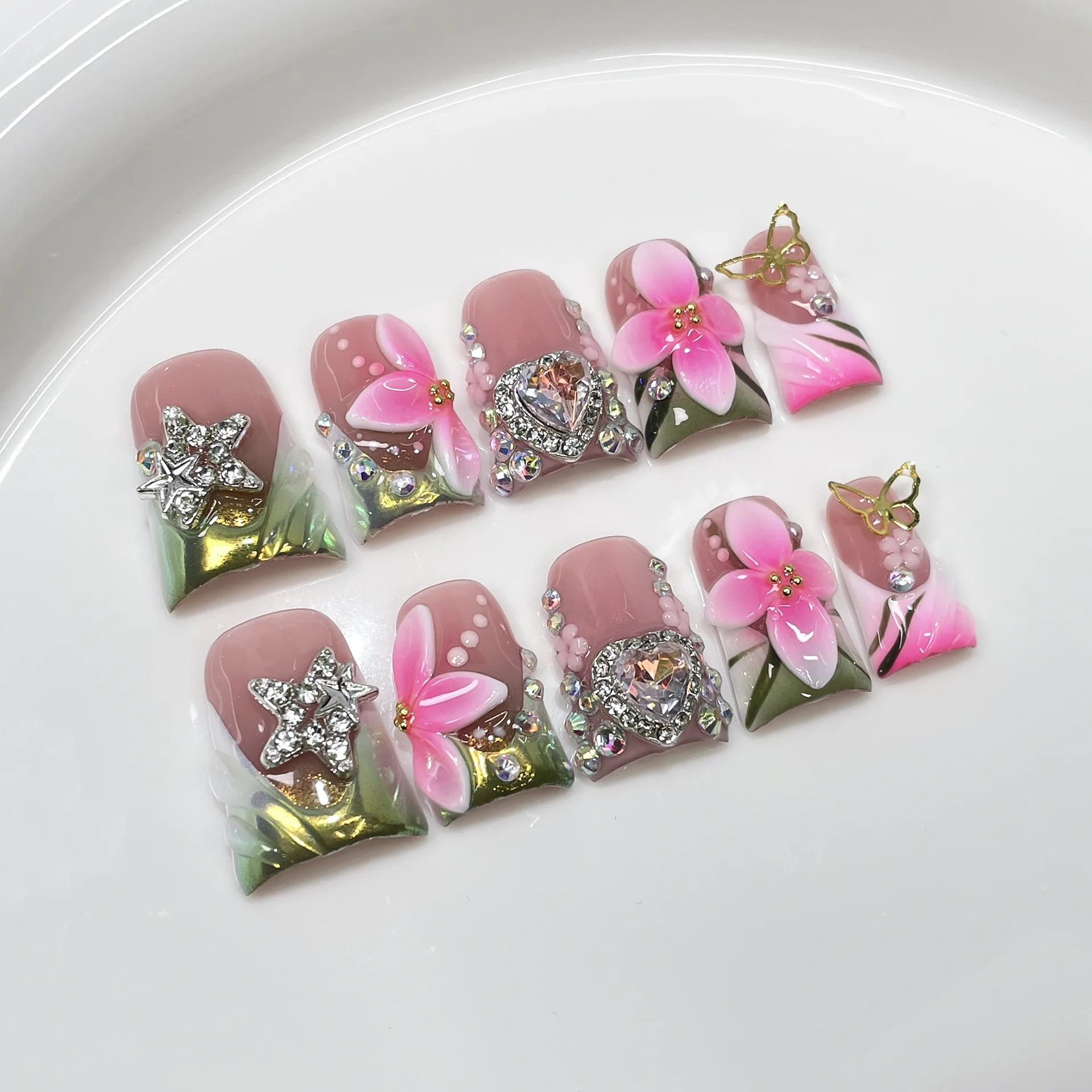 (706-s) Set De 10 Uñas Postizas Hechas A Mano Con Mariposas Brillantes - Uñas De Presión