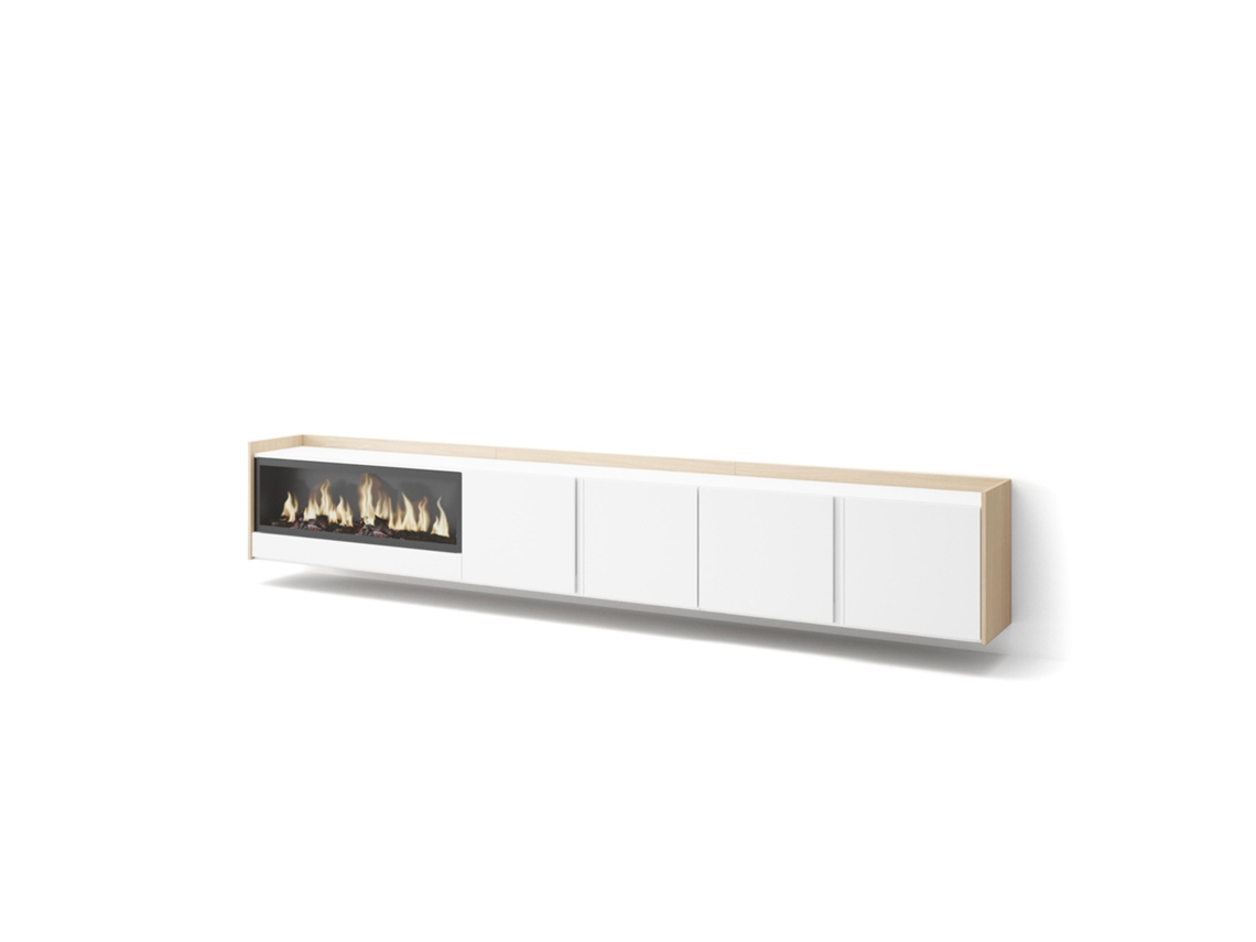 Mueble Tv, Televisión, 315x35x50cm, Para Tv Hasta 80", Chimenea Eléctrica Xxl, Colgado, Suspendido, Blanco Y Roble Soft