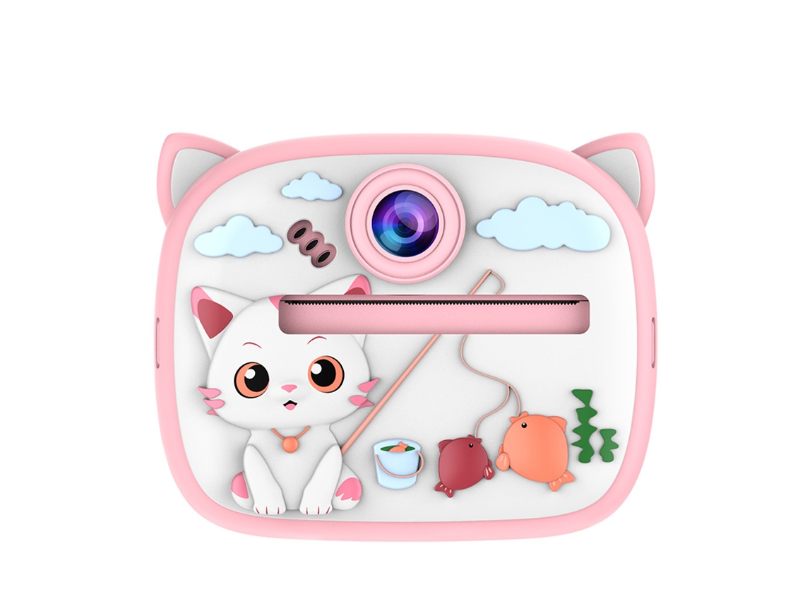 Cámara instantánea para niños: Cámara Giftam300 con forma de gato rosa + 2 rollos de papel para impresora + cable YUNZII