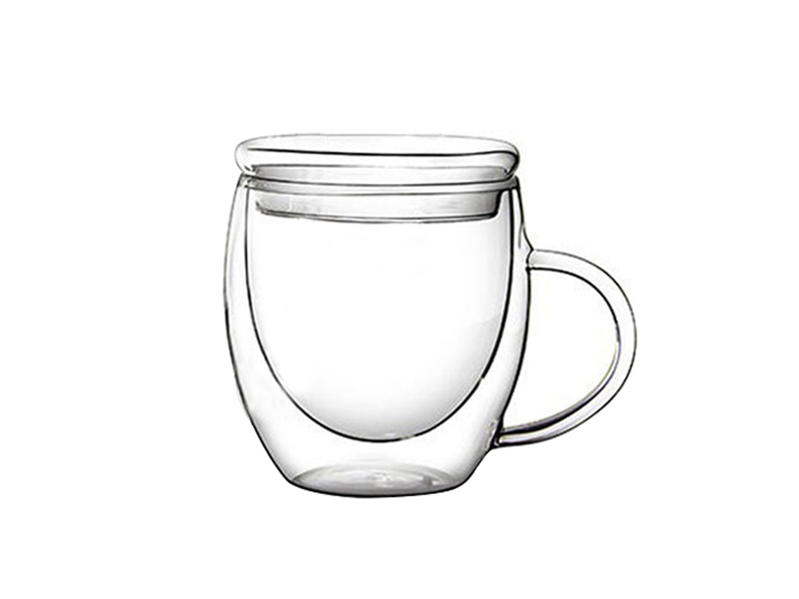 Vaso de vidrio transparente de dos capas de 250 ml con asa y tapa de vidrio