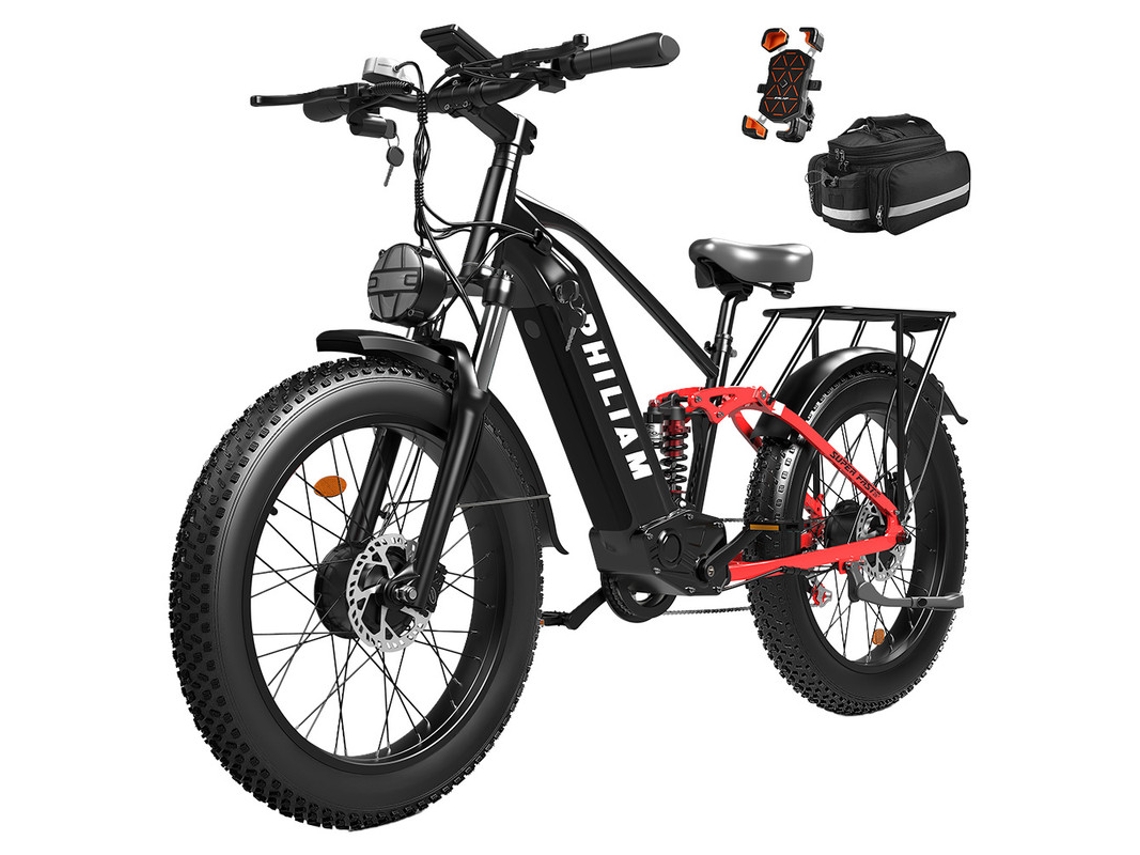 Bicicleta Eléctrica Philiam F3 Pro Dual Motor 2000w 52v 23ah Fat Bike 26x4.0 Doble Suspensión Freno Hidráulico Negro Rojo