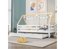 Cama con canapé de 90 x 200 cm con estructura de láminas de madera maciza blanca estilo cabaña