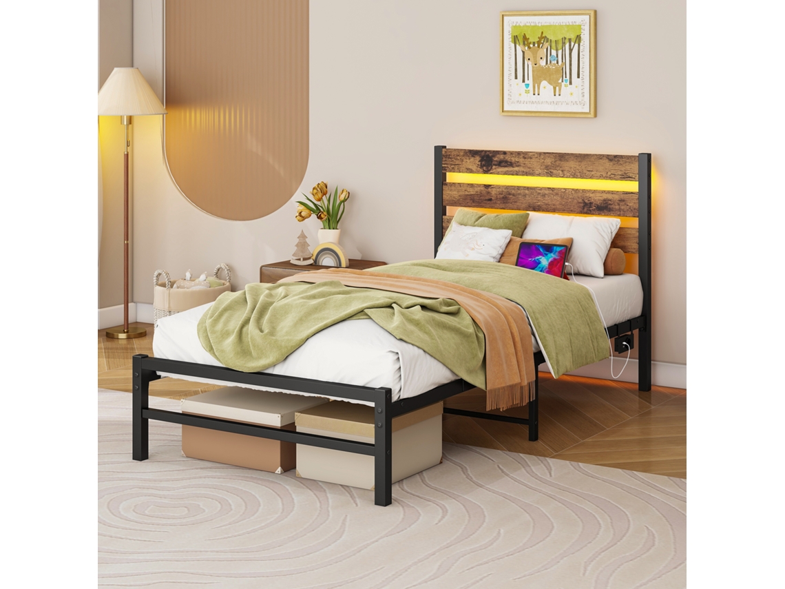 Estructura De Cama Metálica De 90x200 Con Cabecero, Usb, Led Y Espacio De Almacenamiento Debajo, Silenciosa.