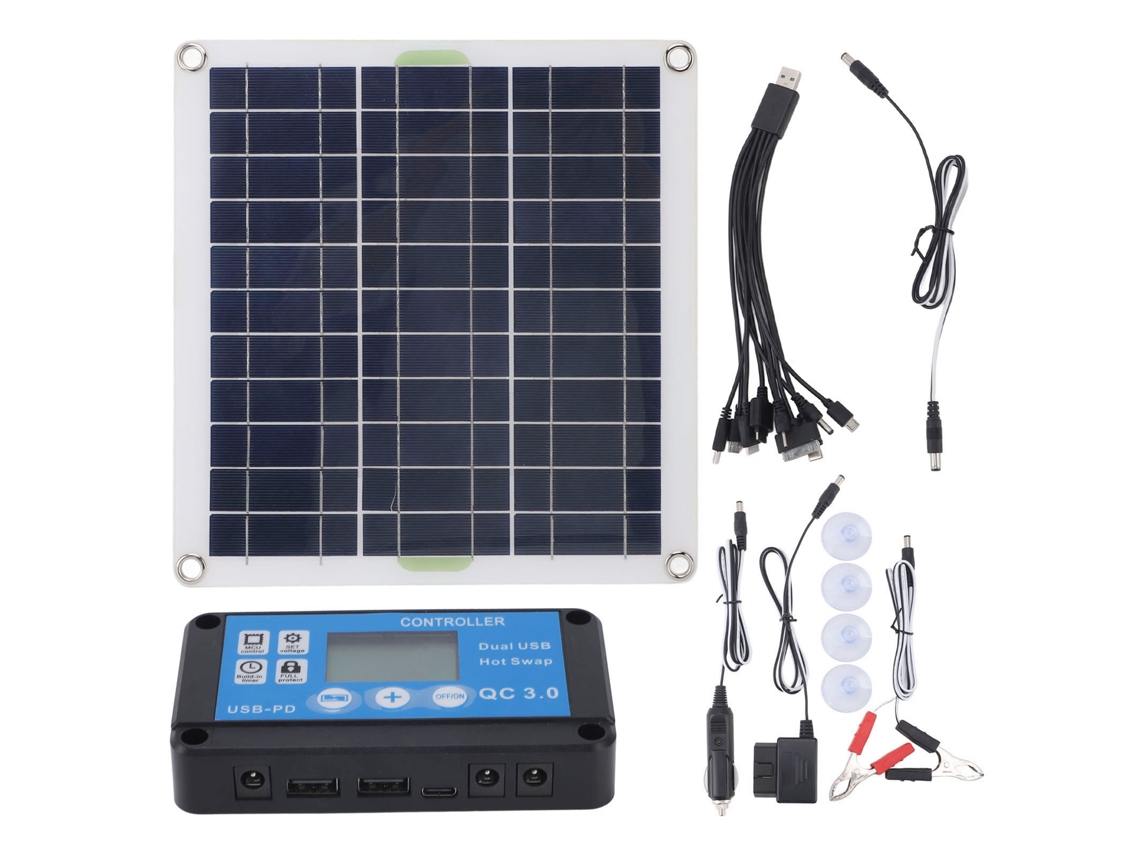 Kit de panel solar de 200 W con controlador azul, enchufe OBD, carga rápida y eficiente para camping y viajes al aire libre.