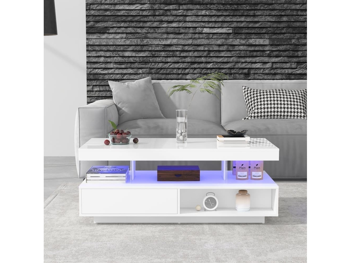 Mesa De Centro Con Led - Cajón Y Compartimentos Abiertos - Blanco