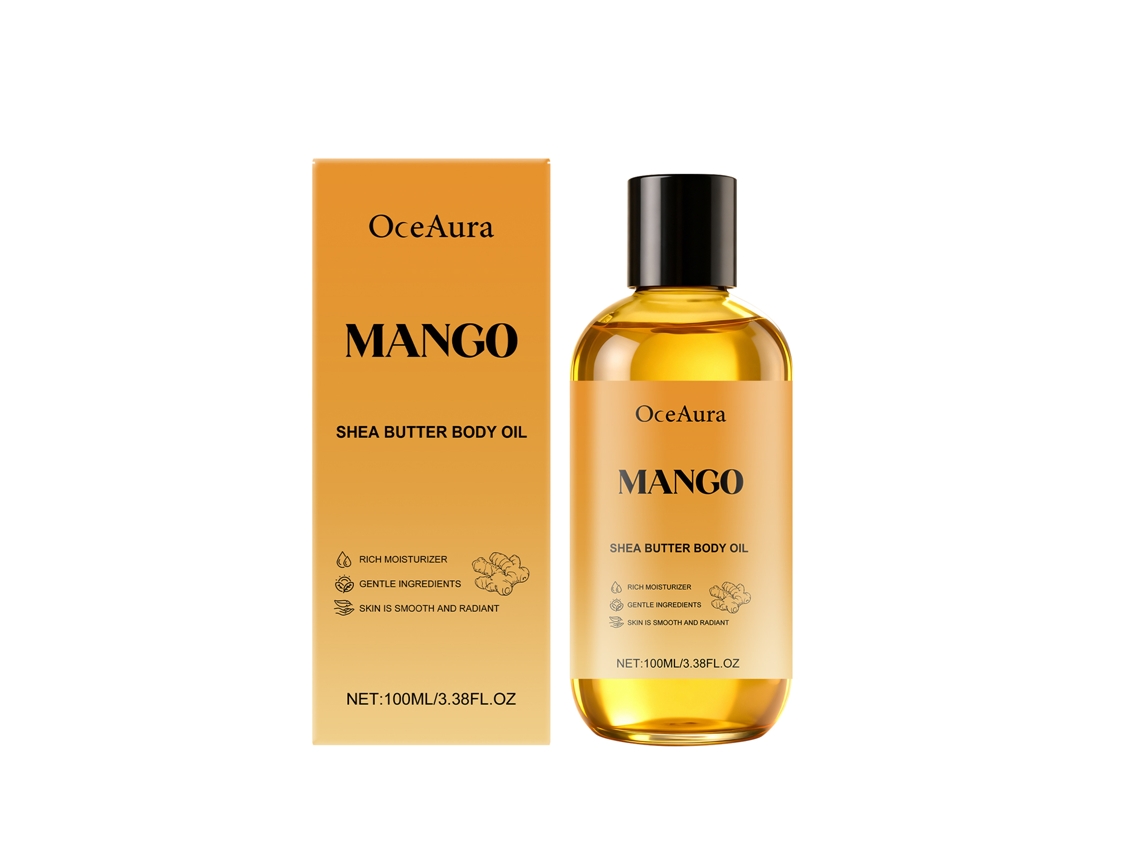 Aceite corporal de mango y karité para una hidratación profunda.