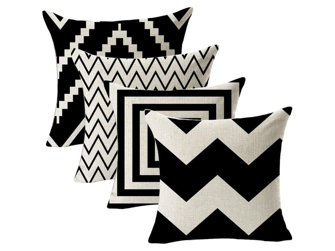 4 Fundas De Almohada Geométricas, De Lino, Cuadradas Cortas, Blancas Y Negras, 45 X 45 Cm.