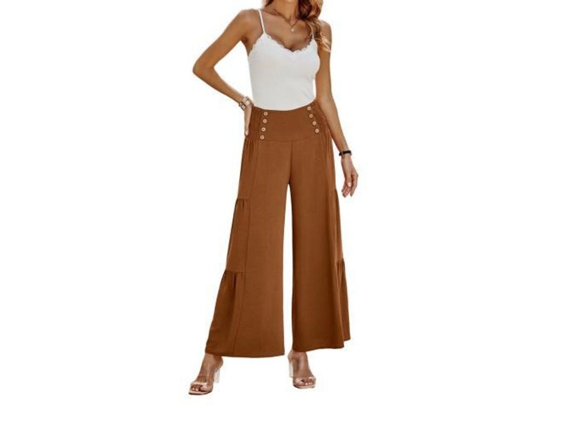 2026-pantalones Palazzo Para Mujer De Pierna Ancha De Cintura Alta Casual Sueltos Con Volante Xl Camello