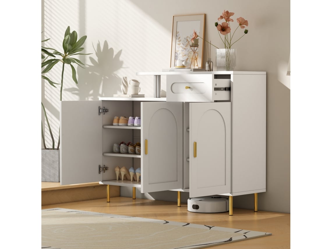 Commode 120x35x92 Cm - Con 1 Cajón Y 3 Puertas, Con Asas Metálicas Y Pies Metálicos - Blanco