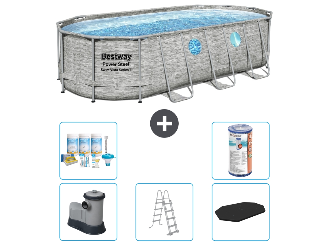 Piscina BESTWAY Oval Power Steel Swim Vista - Estampado Piedra - 549 x 274 x 122 - Incluye Bomba - Escalera - Cobertor Accesorios CB29