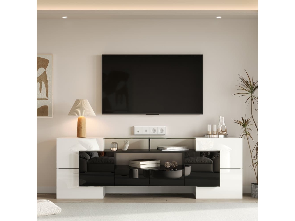 Mueble Tv De Madera De 2m Con 2 Cajones Y 2 Estantes Abiertos - Blanco Y Negro