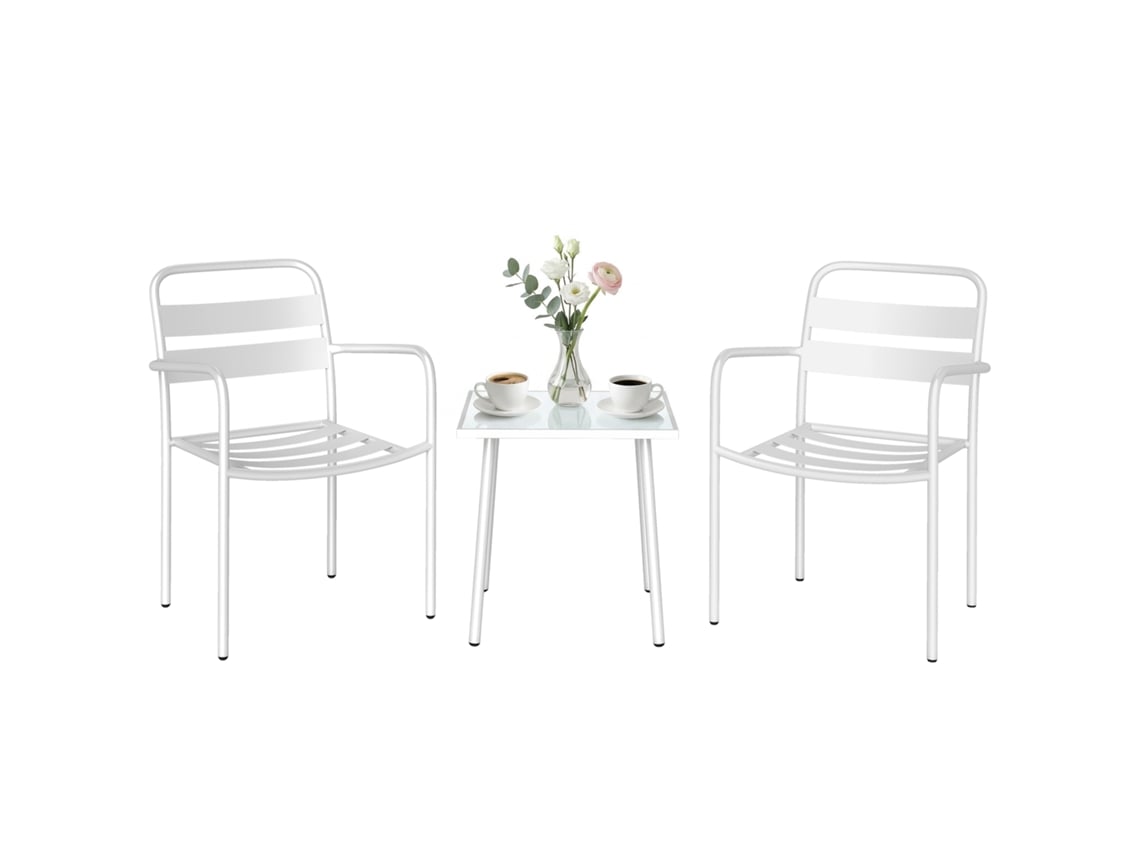 Conjunto de bistró de jardín de metal de 3 piezas con mesa de cristal.
