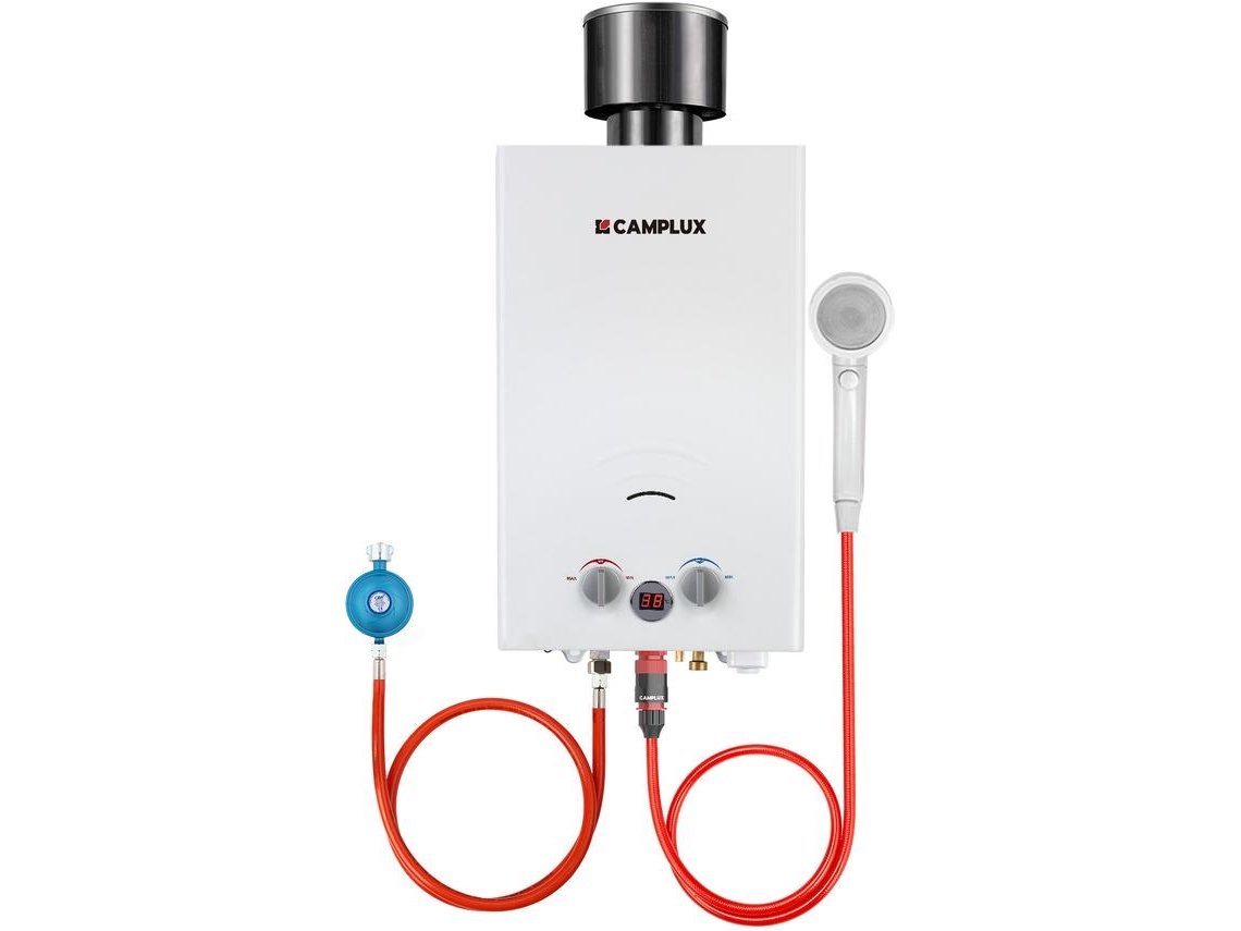 CAMPLUX BW264C-DE Calentador de Agua de Gas (10 L, Tapa de lluvia, 50 mbar, sin Sepósito para Exteriores, para Lavar Caballos, Camping, RV)