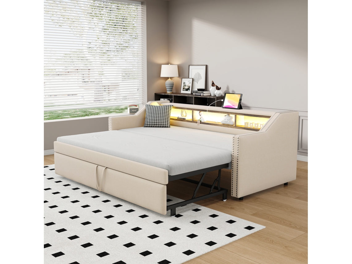Sofá Cama Extensible De 90/180x190 Cm Con Led Y Puertos Usb, Compartimento De Almacenamiento, Somier De Láminas, Color Beige (colchón No Incluido).