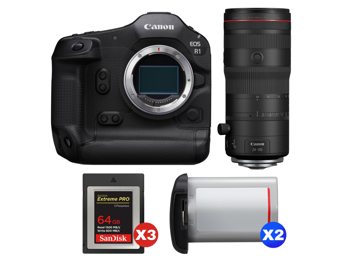 EOS R1 + RF 24-105 mm F/2.8 L IS USM Z + 3 tarjetas Sandisk Extreme Pro de 64 GB Cfexpress Tipo B + 2 Canon LP-E19 + Libro electrónico Pricedirect CANON