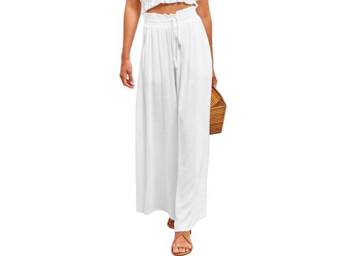 2026-pantalones Casuais Para Mulher Com Cintura Elástica E Bolsos Calça Larga Xl Blanco