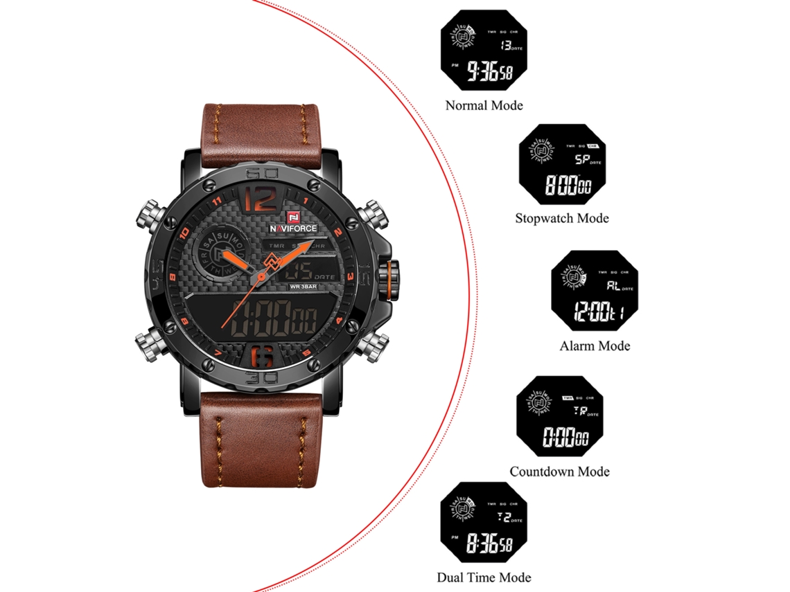 Reloj digital de cuarzo para hombre con alarma, cronómetro, LED luminoso y correa de cuero sintético para exteriores.