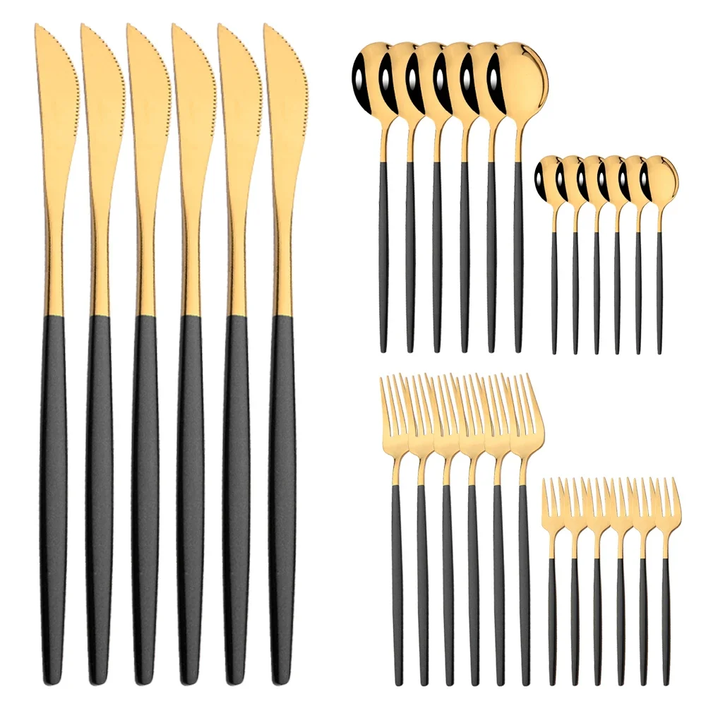 (negro Y Dorado, Juego De 30 Piezas) Cubiertos De Acero Inoxidable, Que Incluyen Cuchillo, Tenedor De Fruta, Cuchara, Etc.