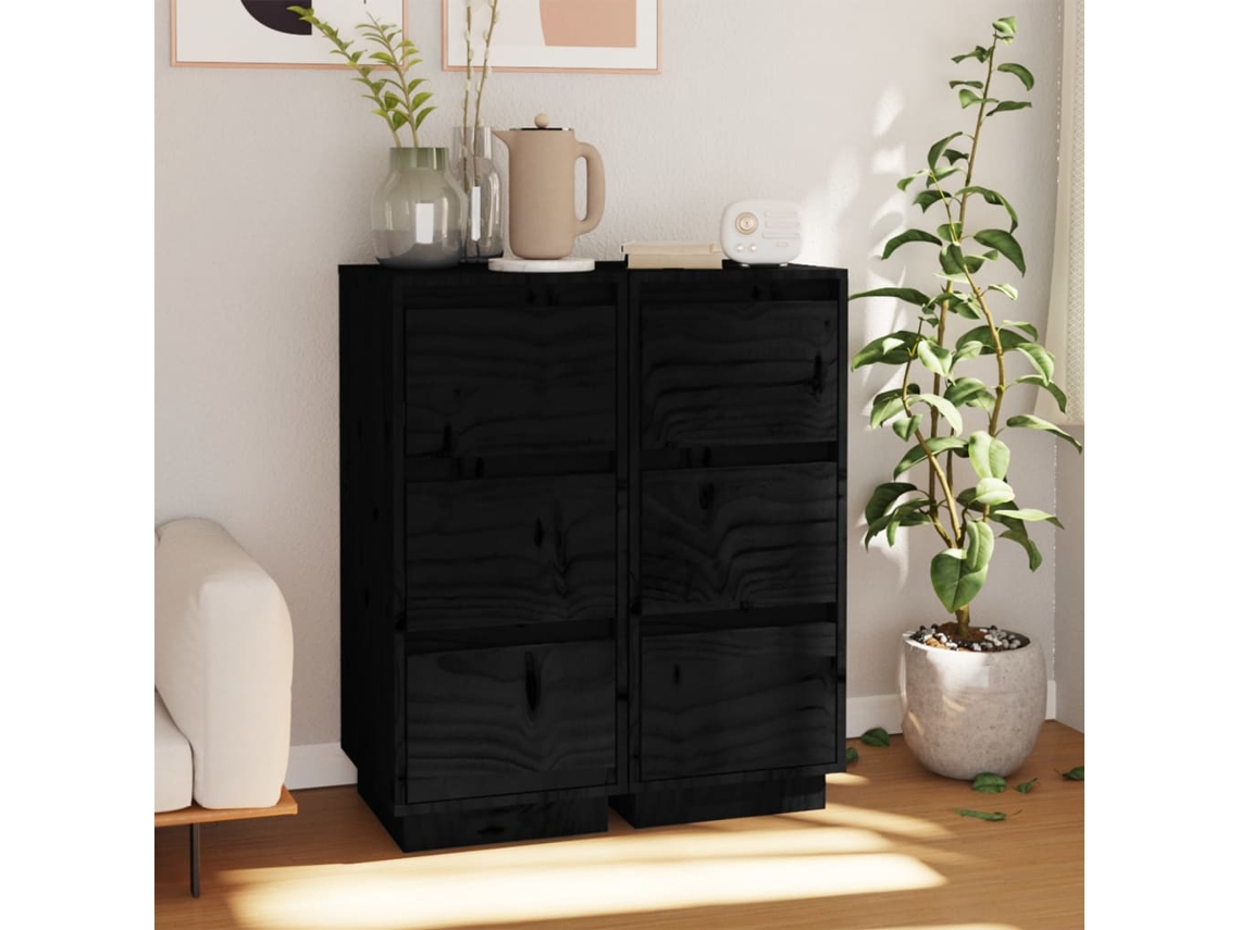 Lovely Home Aparador 2 Pzs 32X34X75 Cm Madera de Pino Maciza Negro