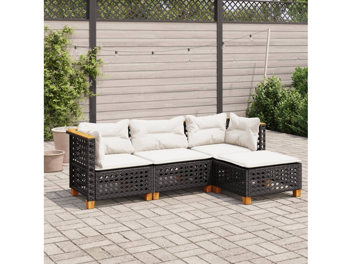 Conjunto de sofá de jardín de 4 piezas con cojines, mimbre sintético negro, Dkd Home Decor