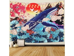 Tapestry Parede Onda Mar Baleia Peixe Koi Paisagem por do Sol Decorativa XL 175x230cm
