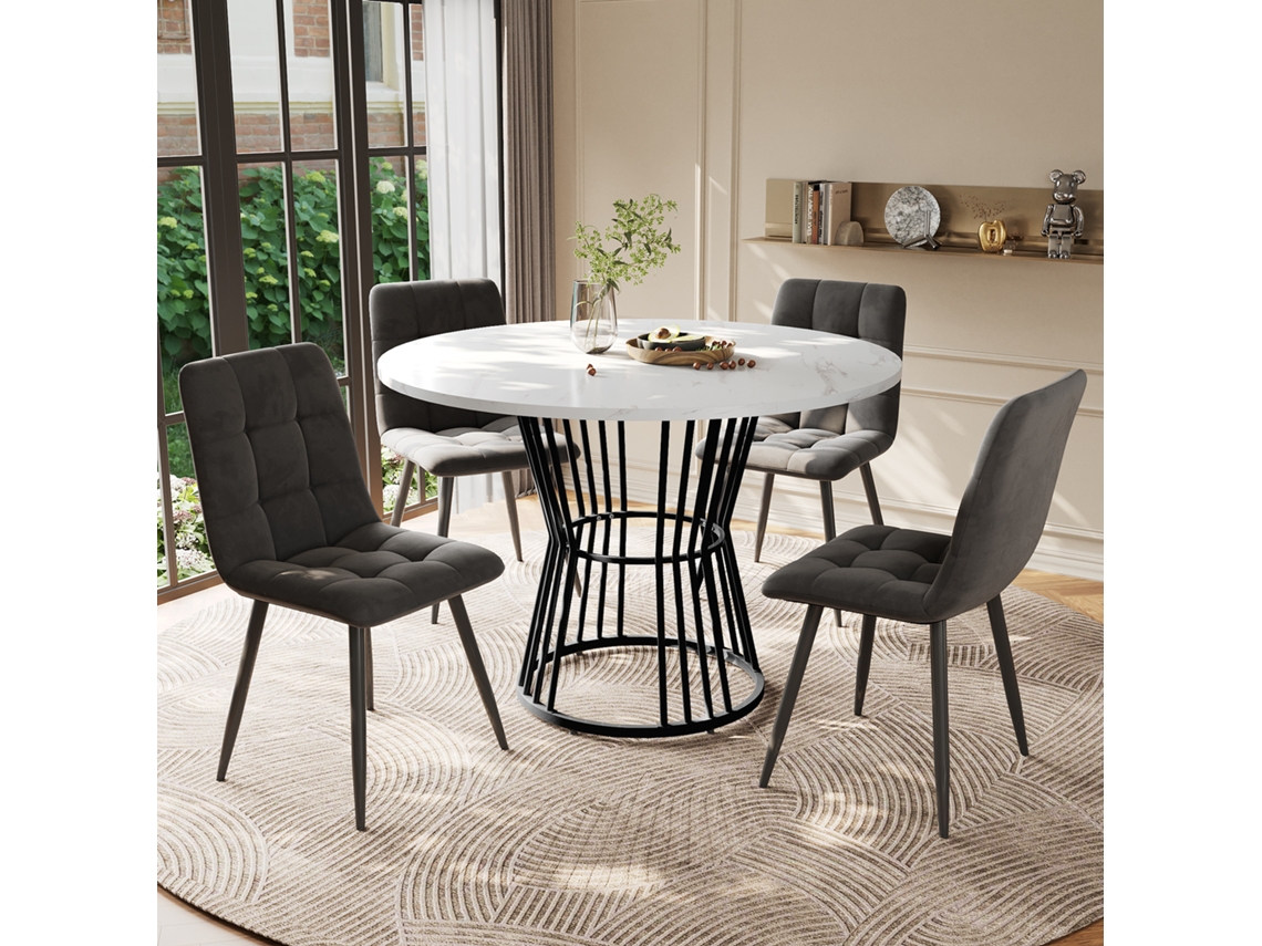 Mesa Redonda Con 4 Sillas, Juego De Comedor 5 Piezas, Tablero Mdf Blanco, Patas Negras, Sillas Tapizadas En Terciopelo